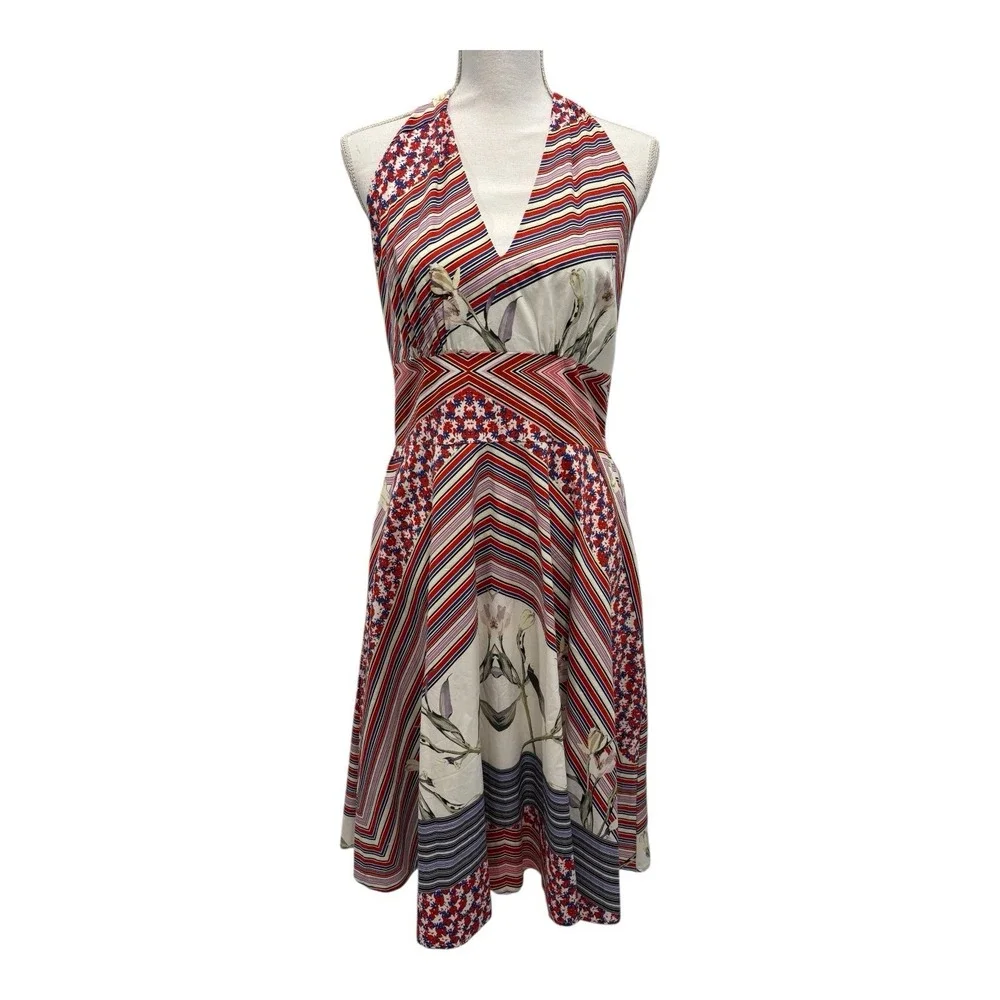 Alexia Admit Dress Women 12 Red Multi Halter Backless Striped Floral Lined Flare